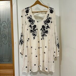 Free People Cream & Black Floral Embroidered Dress